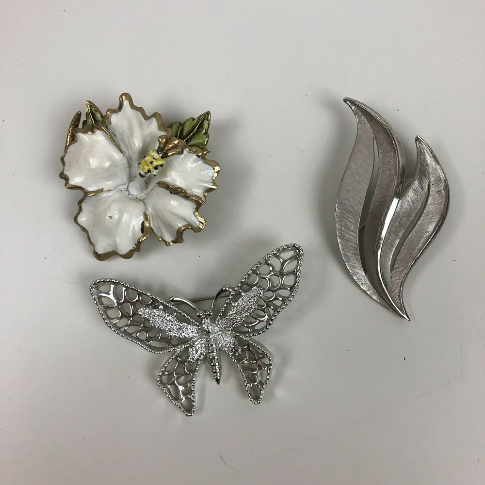 VTG 3pc Lot Trifari Sarah Coventry Brooch Enamel Flower Silver Butterfly Leaf